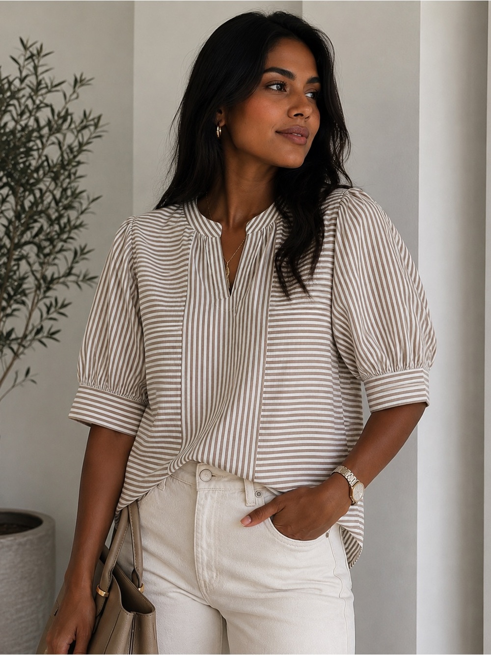 Velvet Heart Neutral Striped Puff-Sleeve V-Neck Blouse